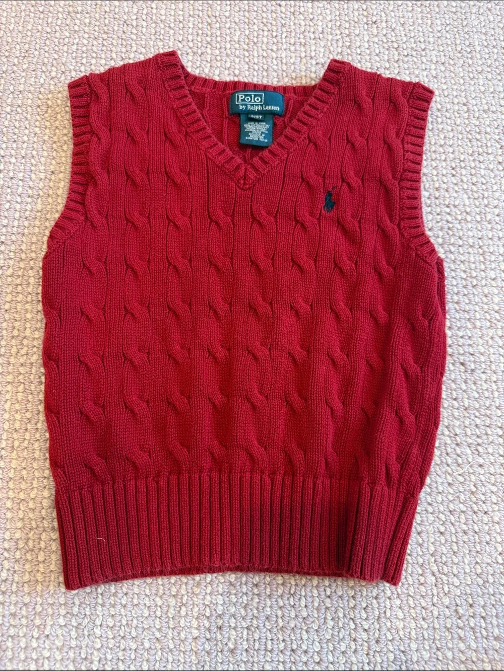 Polo by Ralph Lauren Red Cable-Knit V-Neck Sweater Vest with Navy Pony